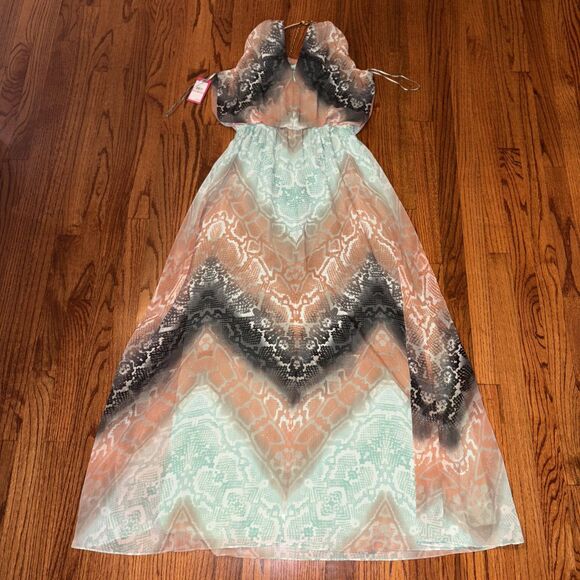 VINCE CAMUTO NWT S6 Womens Maxi Dress Snakeskin Print Green Orange Metal Neck - Picture 2 of 7